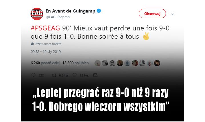 Wpis Guingamp po porażce 0-9 z PSG... :D